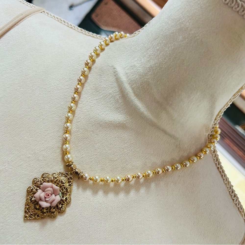 Handcrafted vintage repurpose Victorian porcelain rose pendant necklace